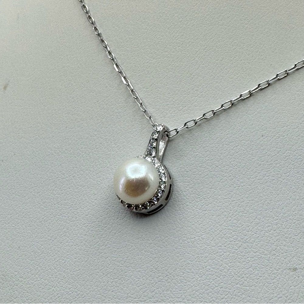 New Sterling Silver Freshwater Pearl CZ Drop Necklace 18” Classic Bridal Formal